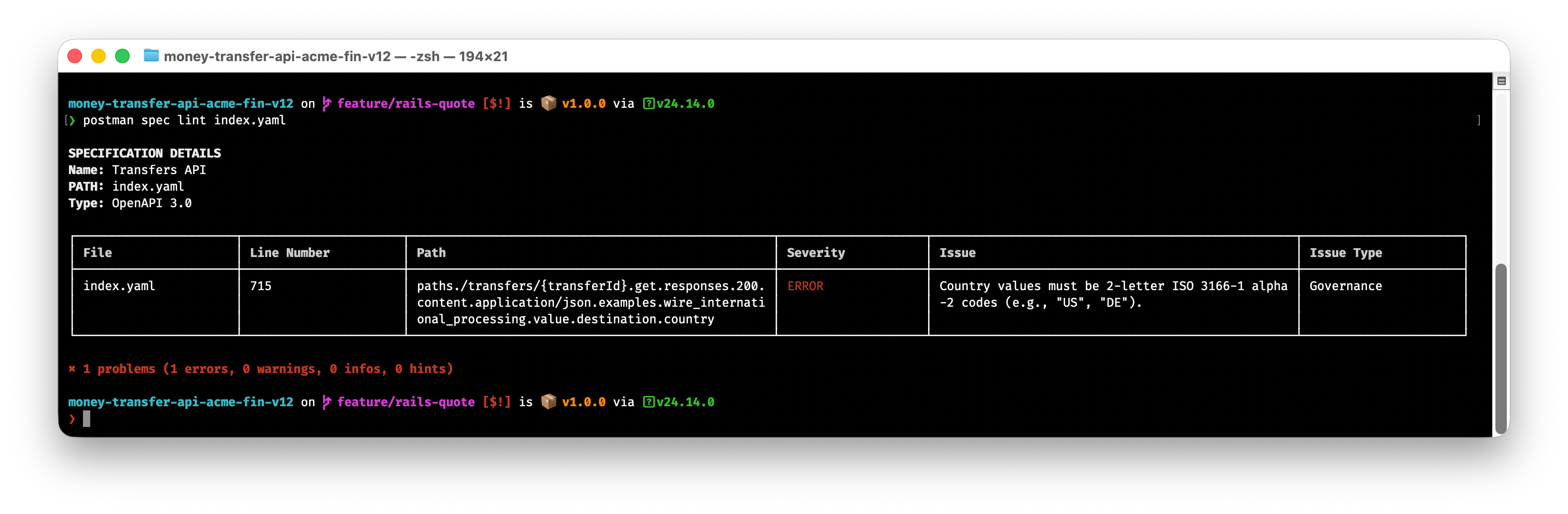 Postman CLI spec lint output showing a governance violation with file, line, and rule details