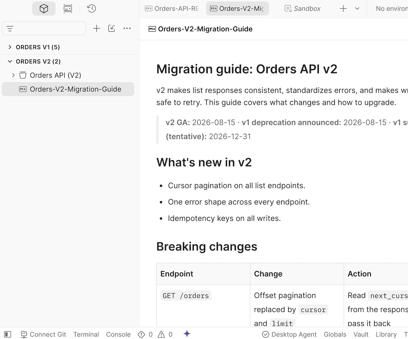 PostmanでDocumentとして開かれたOrders API v2の移行ガイド