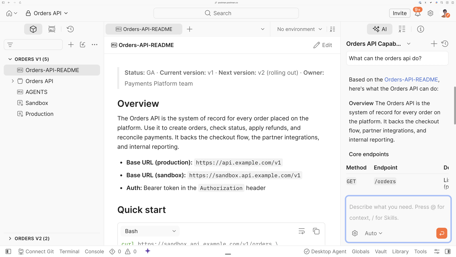 PostmanのOrders APIワークスペース。READMEがDocumentとして配置され、Postman AIがその内容についての質問に回答している画面