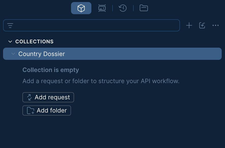 The empty Country Dossier collection with Add request and Add folder buttons