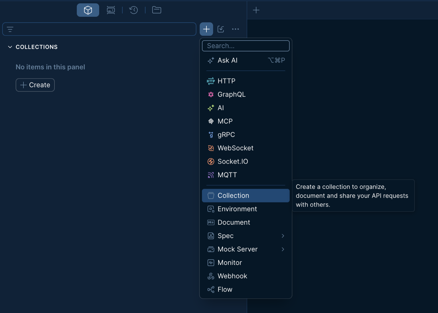 The sidebar + menu with Collection highlighted and its tooltip describing what a collection does