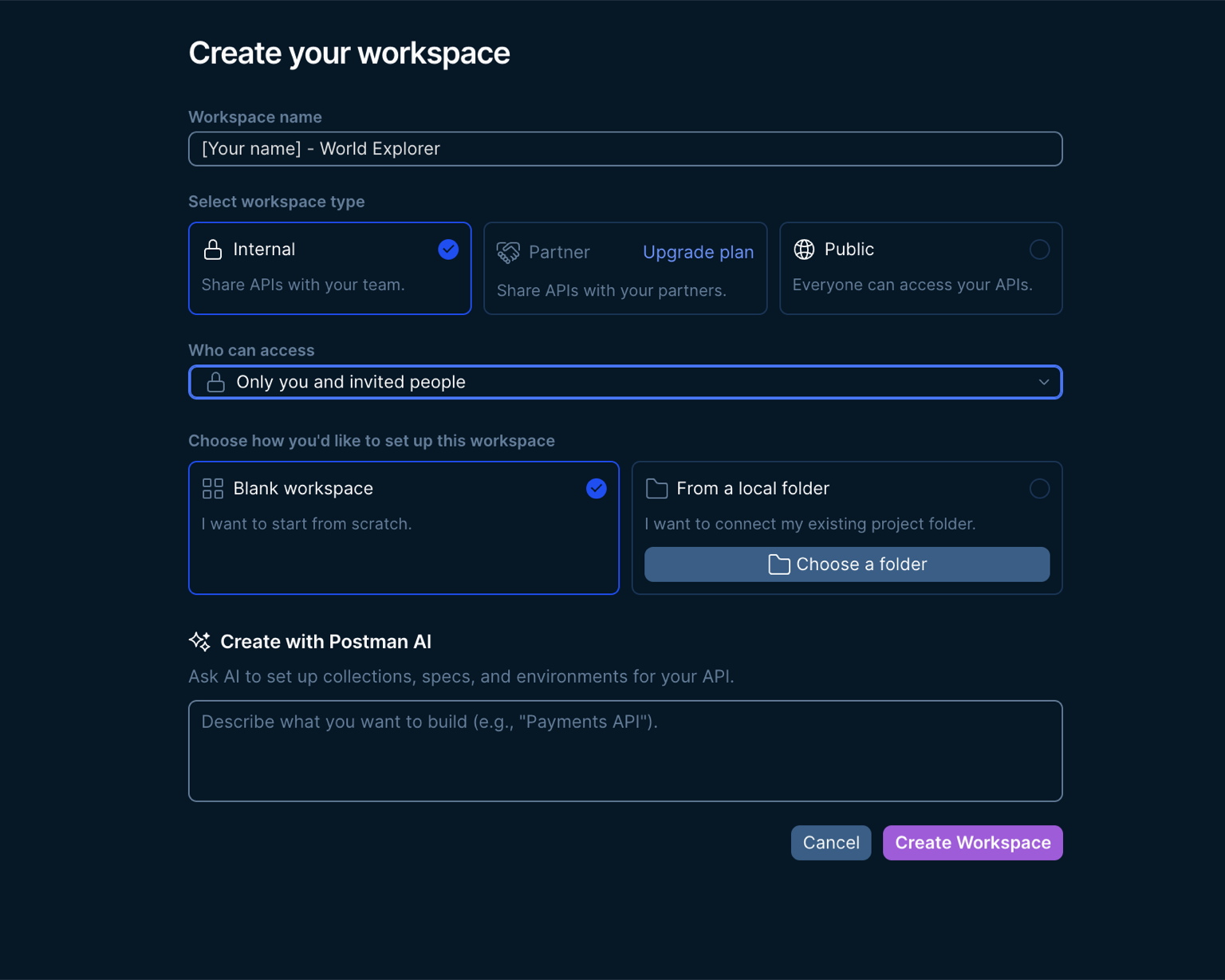 The Create your workspace form filled in with a workspace name, Internal access restricted to invited people, and Blank workspace selected