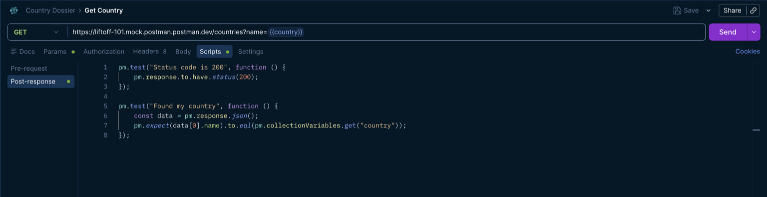 The Get Country request's Scripts tab showing the two post-response tests for status code and country match