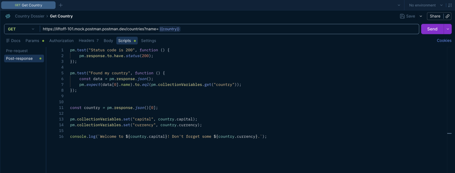 The Get Country request's Post-response script showing the added capital and currency variable assignments below the existing tests