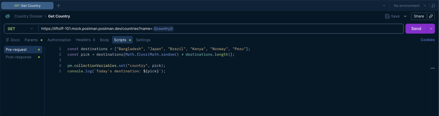 The Get Country request's Pre-request script tab with a script that picks a random destination and stores it in the country variable