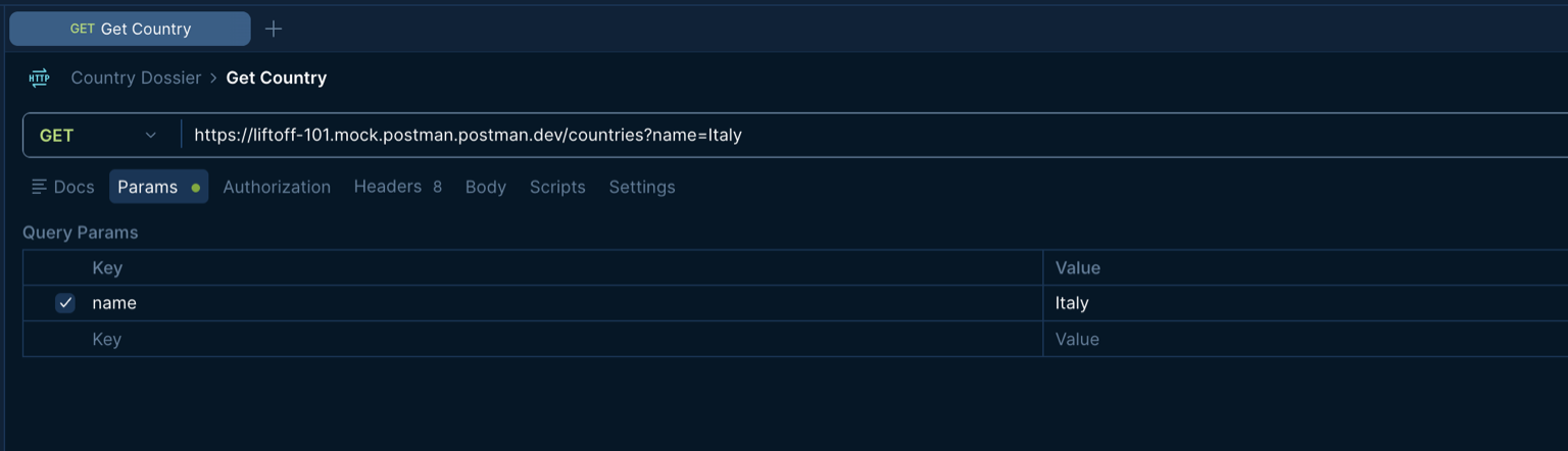 The Get Country request's Params tab with the name query parameter set to Italy