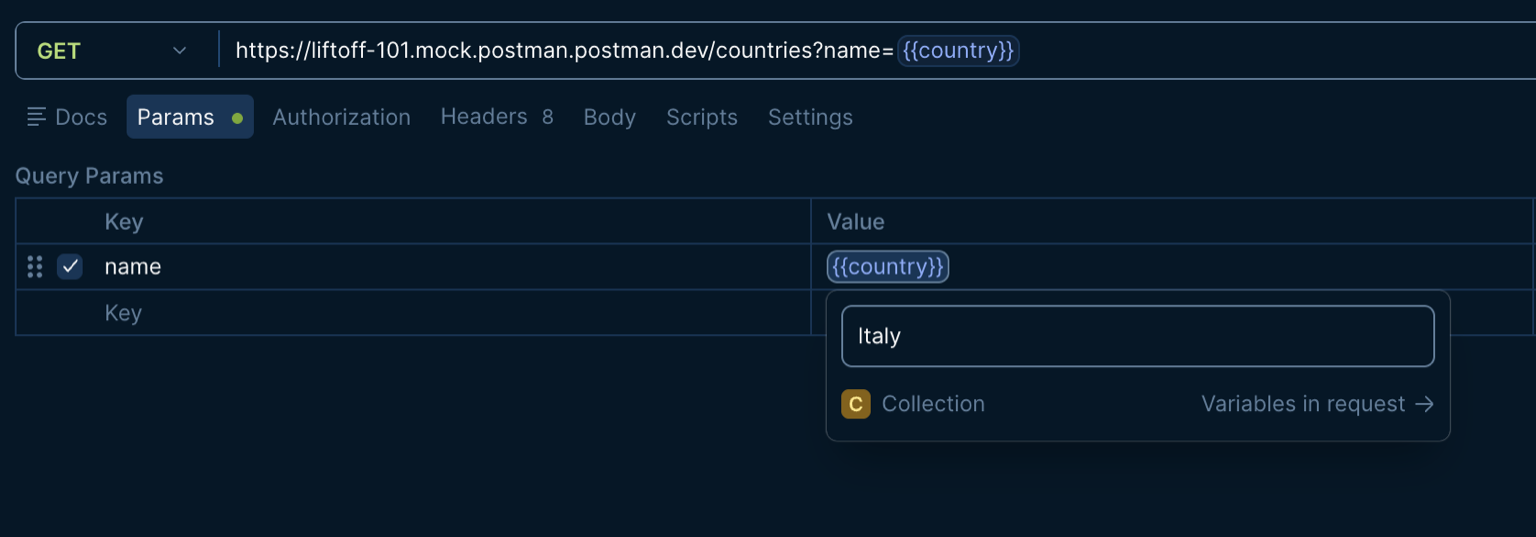The Get Country request's Params tab with the "name" query param value set to {{country}}, resolving to Italy
