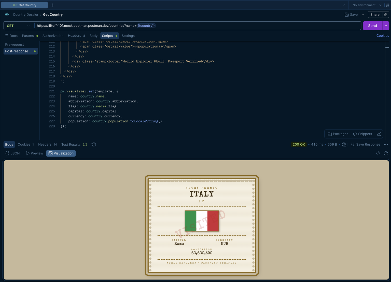 The Get Country request's Visualization tab showing a passport-stamp card for Italy with its flag, capital, currency, and population